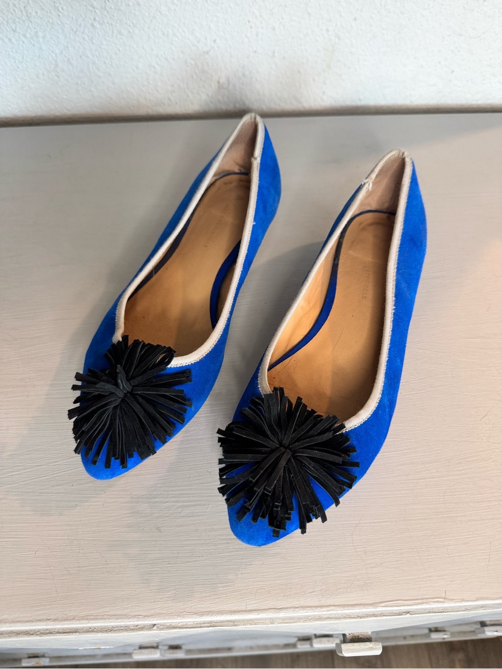 Anthropologie Blue Suede Pom-Pom Ballet Flats - Women's